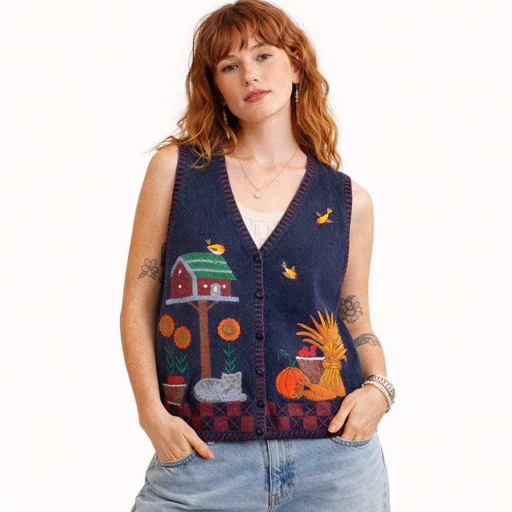 Vintage Embroidered Fall‎ Folk Art Navy Sweater Vest 3X